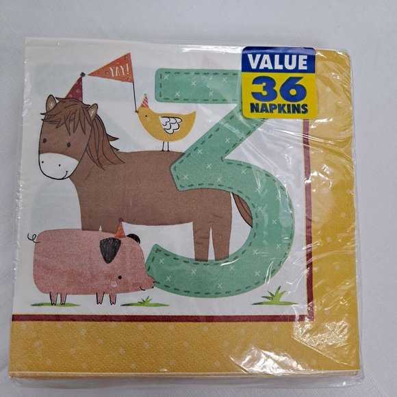 Third Birthday Barnyard Party Napkins Farm Animal Horse Chicken Pig Green 36 ct - Picture 1 of 5